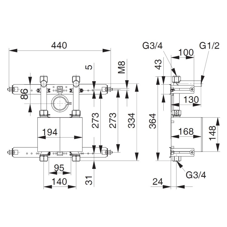 Unicount Koax 2'' mit T zu Installationssystem TECEprofil (TECE) mit verchromter Abdeckplatte 